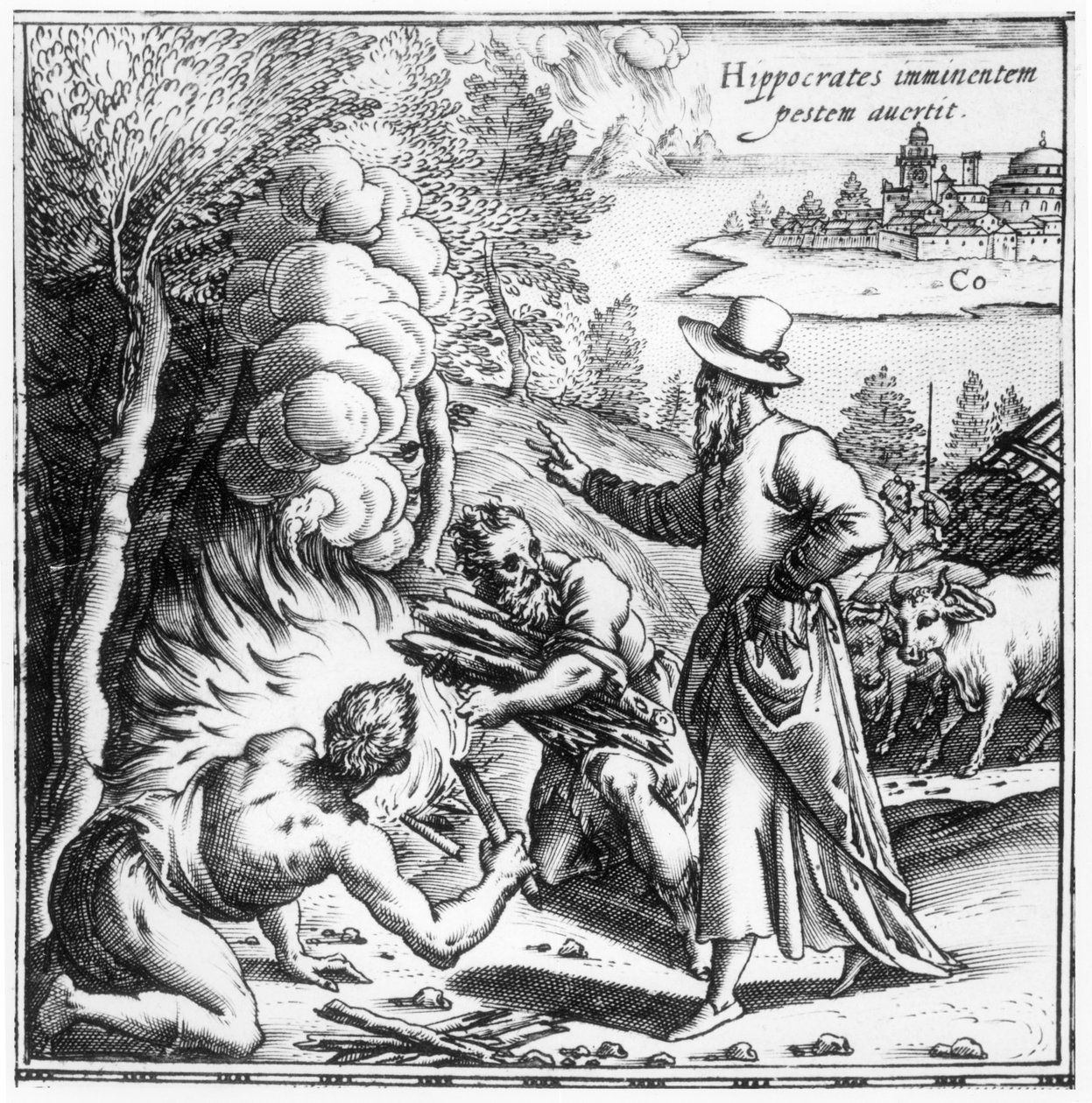 Hippocrates (c.460-c.377 v.Chr.) legt het belang van besmetting uit tijdens de pestepidemie, titelpagina uit Hippocratis Opera Quae Extant, gepubliceerd in Venetië, 1588 door Italian School