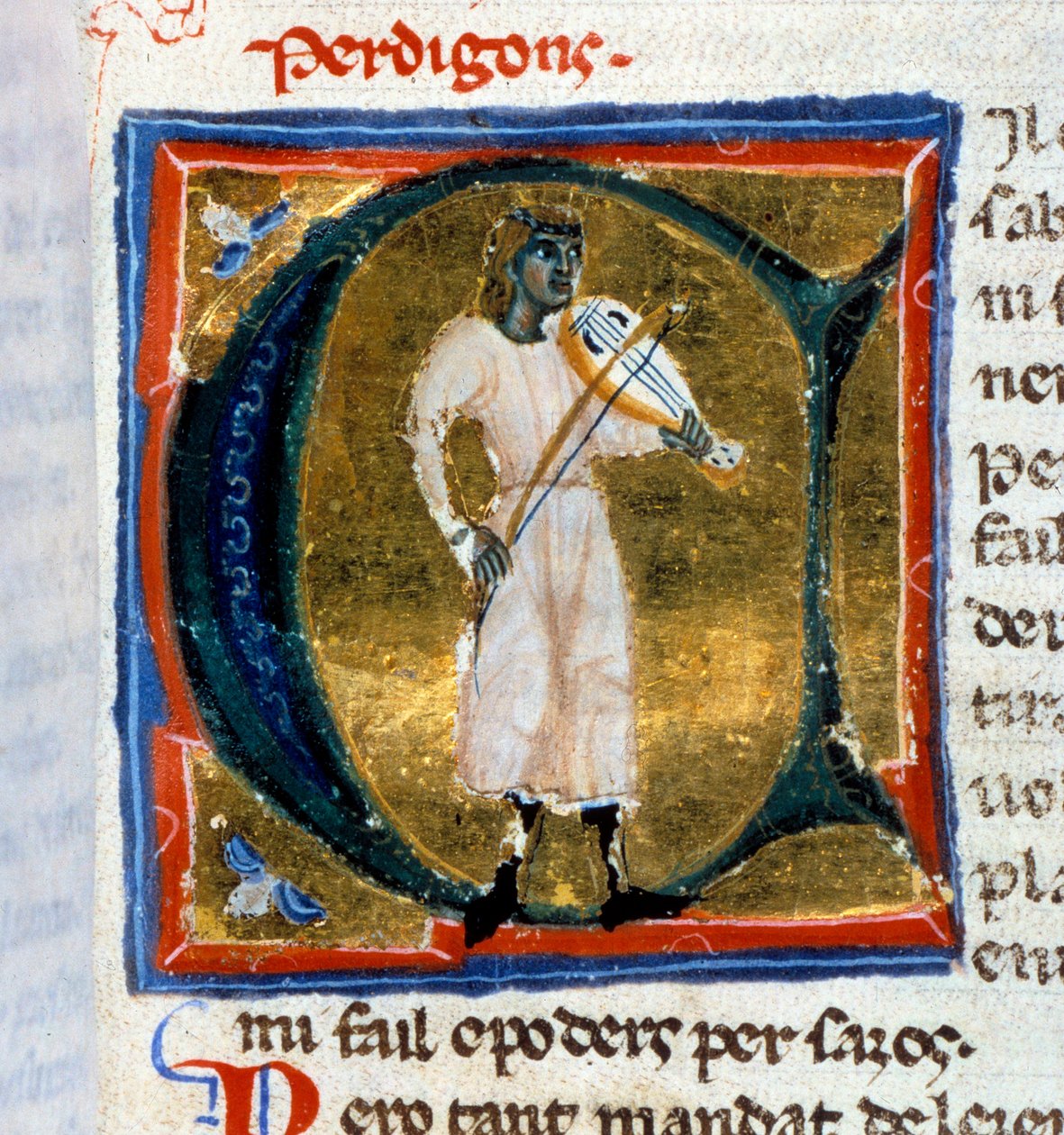 Historische letter (letter A). De troubadour Perdigon speelt de oude man. Miniatuur uit het manuscript 