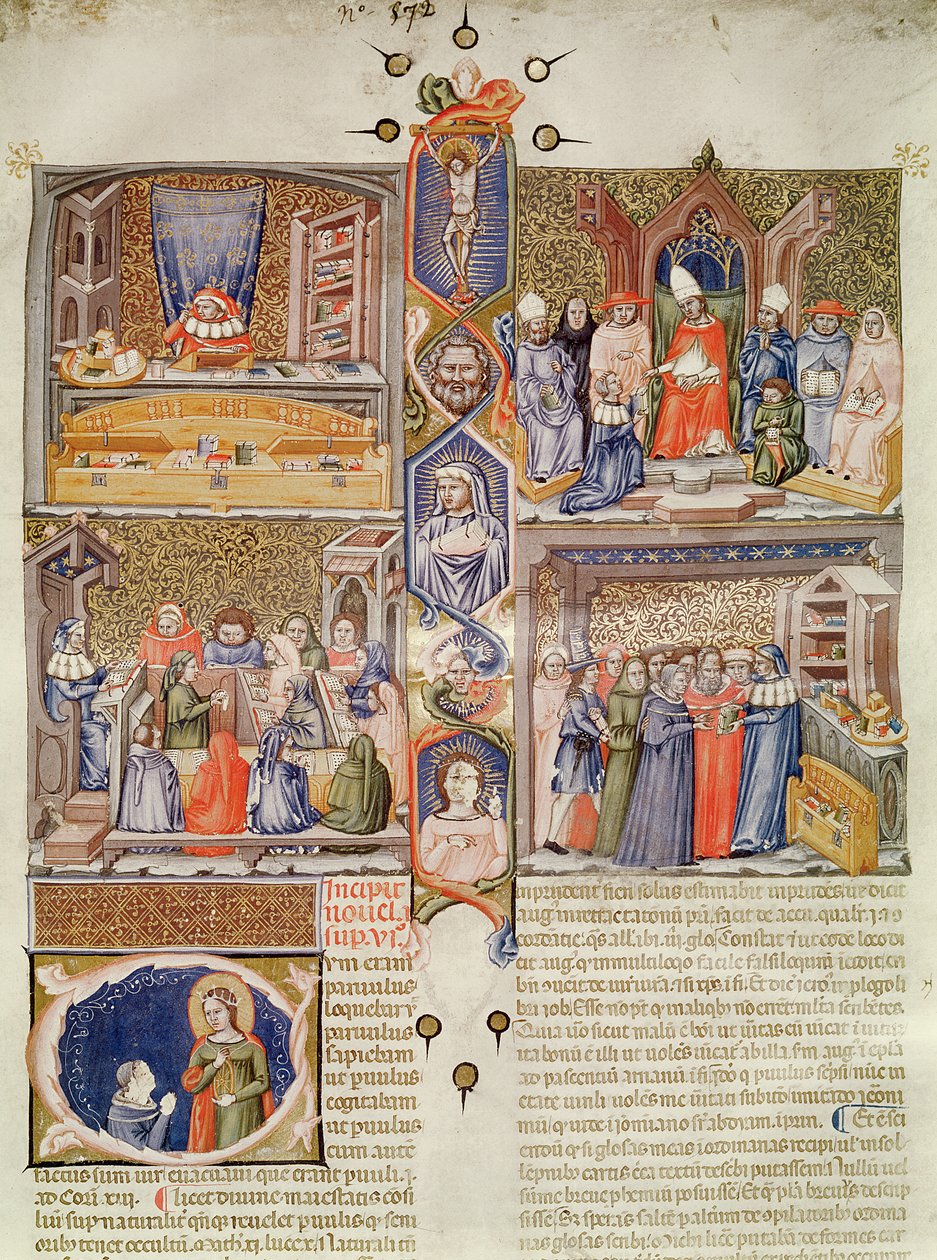 Verlichting verdeeld in vier scènes: Een Jurist aan zijn Tafel; Een Paus die een Boek aangeboden krijgt; Een Les in een Rechtencollege; Een Boekwinkel, met een versierde hoofdletter met St. Catharina en een Orde door Italian School