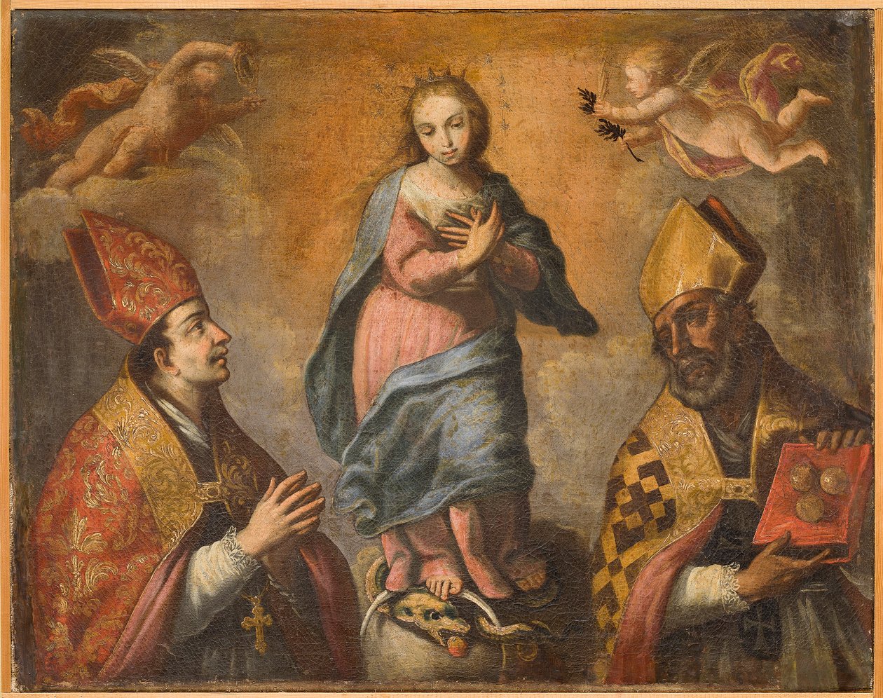 Immaculata tussen St. Canio (of St. Augustinus) en St. Nicolaas, eerste helft 18de eeuw (olieverf op doek) door Italian School