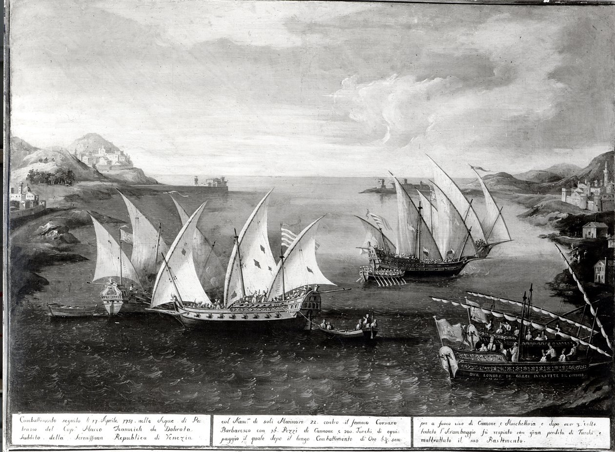 Incident bij Patras tussen de Venetiaanse Kapitein Ivanovich da Dabrota en de Turkse Piraat Barbarossa, 17 april 1751 door Italian School