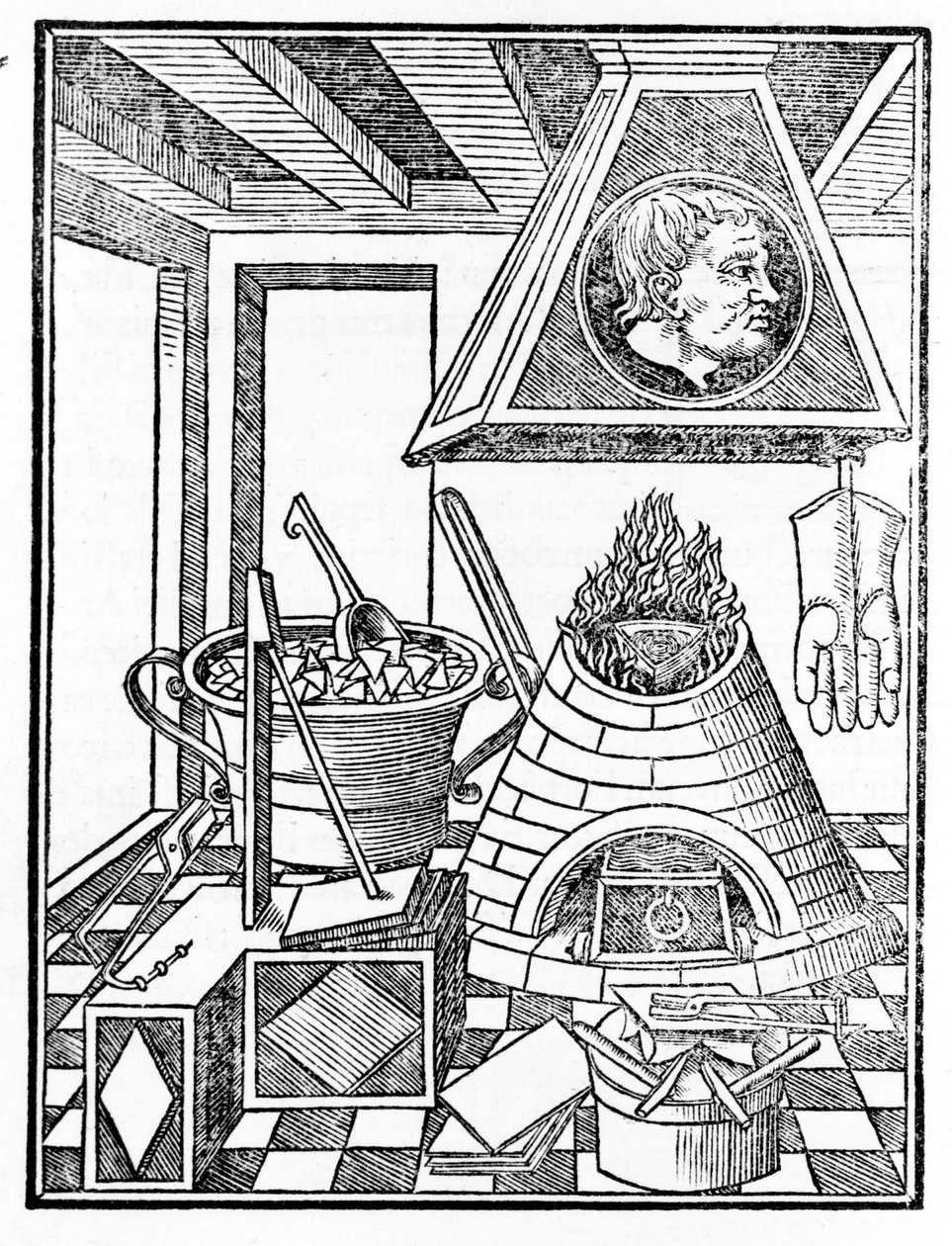 Interieur van een metallurgie werkplaats. Gravure uit 