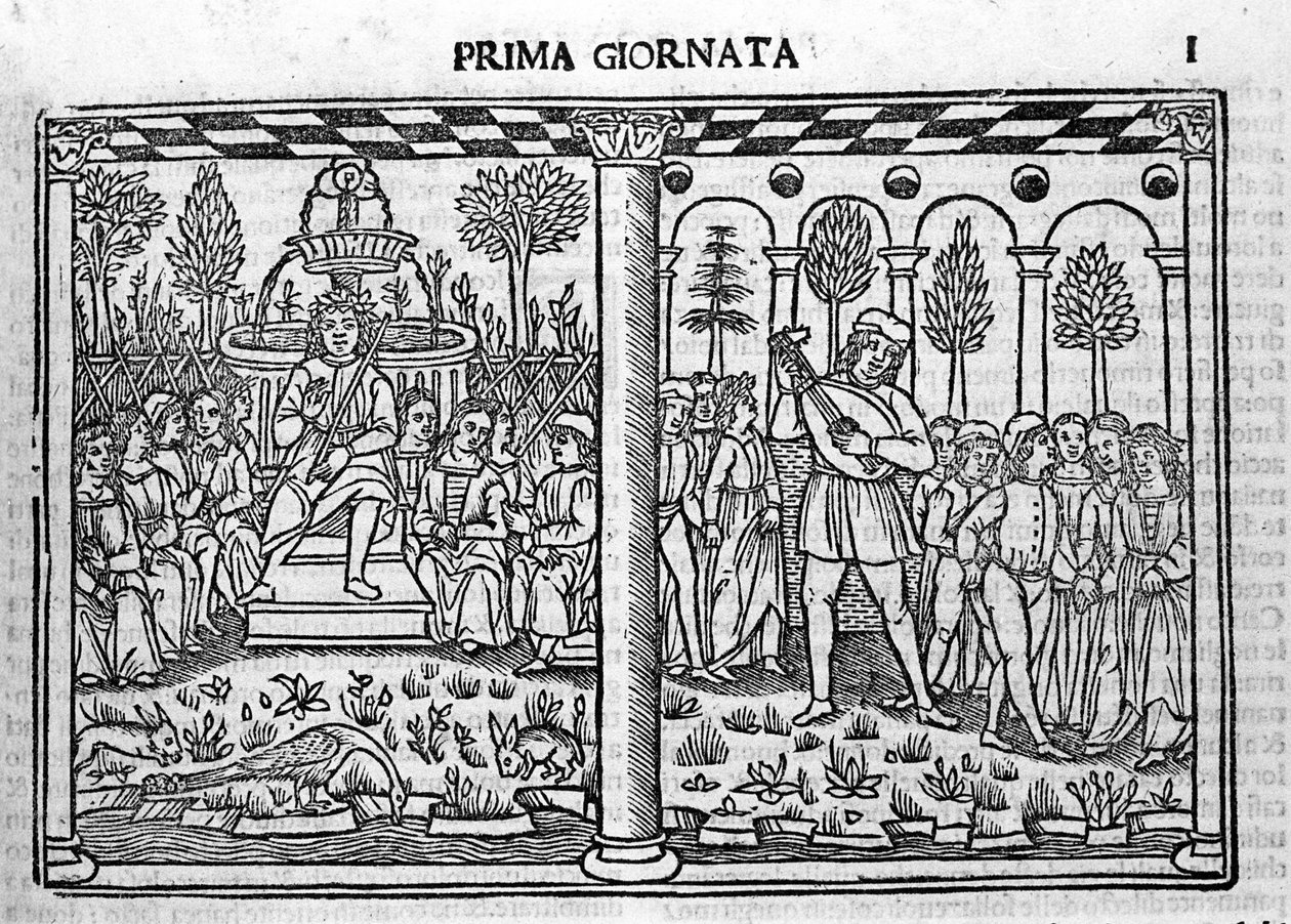 Inleiding: voorstelling van de auteur van Decameron omringd door tien jongeren. Illustratie van de eerste dag van de Decameron door Giovanni Boccaccio. Gravure in 