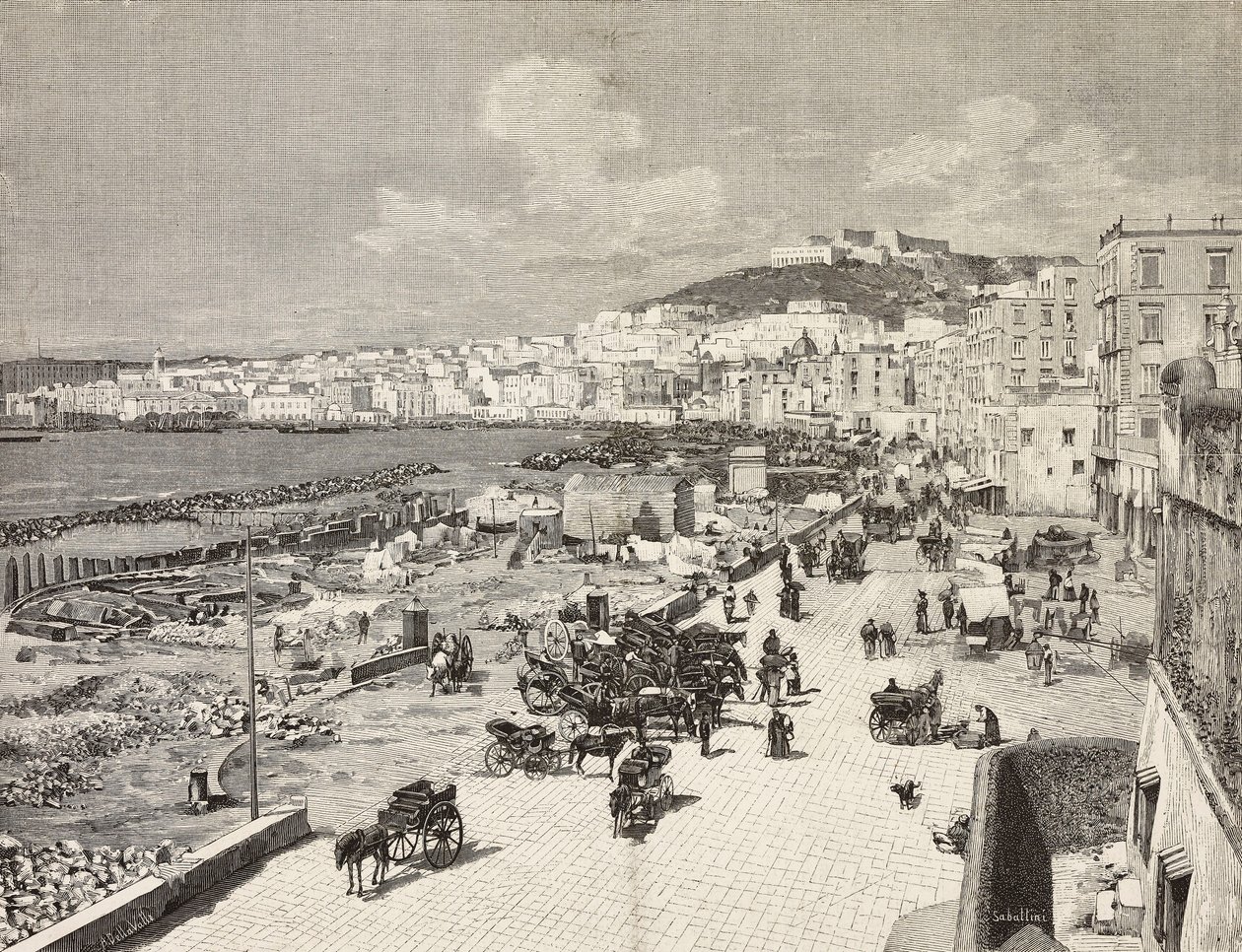 La Marinella, Napels, Italië, gravure door Sabattini naar tekening van A. Della Valle, uit L