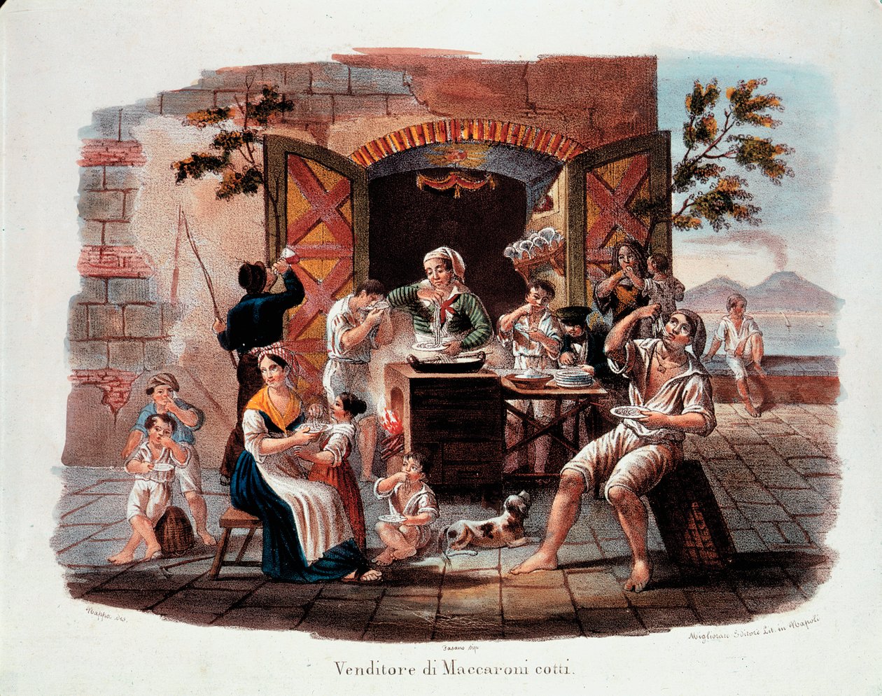 Kleine Napolitaanse handel: een verkoper van gekookte macaroni. In de verte de Vesuvius aan de baai van Napels. Lithografie uit de 19e eeuw. Museo Nazionale delle Paste Alimentari, Fondazione Agnesi, Rome door Italian School