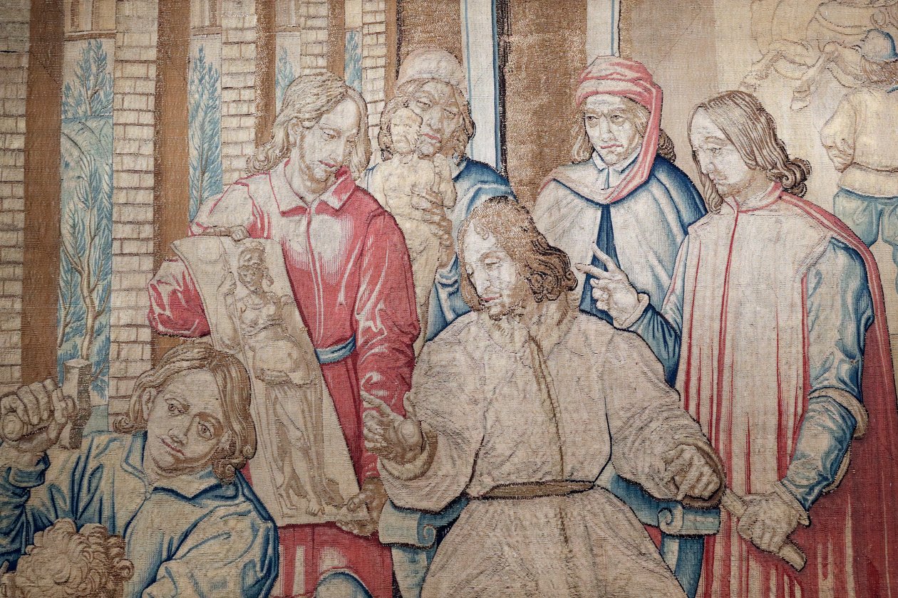 Lorenzo de Magnifieke tussen de beeldhouwers en schilders in de Medici-tuin bij San Marco. Wandtapijt 1516. Genua. Italië. door Italian School