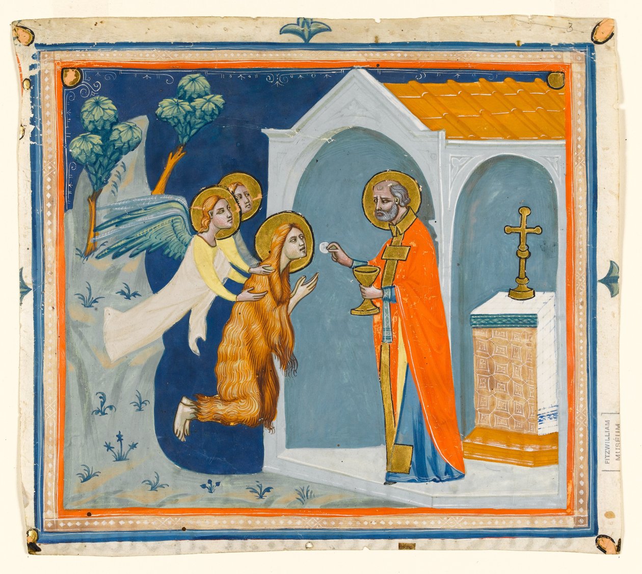 MS McClean folio 201.4 r St. Maria Magdalena, in de wildernis rond Aix, gedragen door engelen naar St. Maximin, die haar laatste communie toedient, ca. 1330 door Italian School