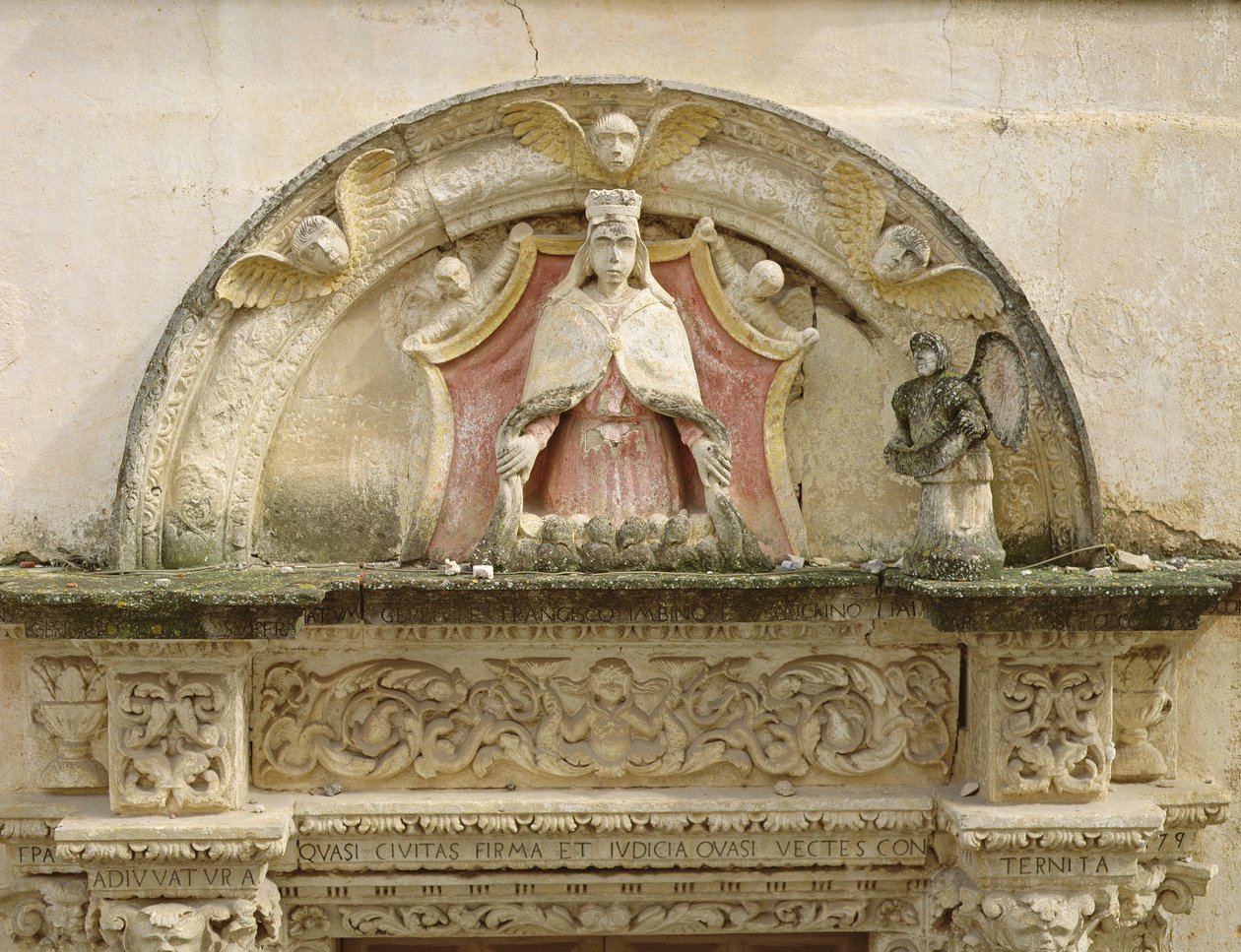 Madonna van de Barmhartigheid, detail van het portaal lunet door Italian School