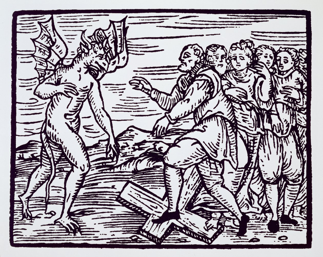 Mannelijke heks die Christus afzweert, kopie van een illustratie uit Compendium Maleficarum door Fr M Guaccius, Milaan 1608, gebruikt in History of Magic, gepubliceerd eind 19e eeuw door Italian School
