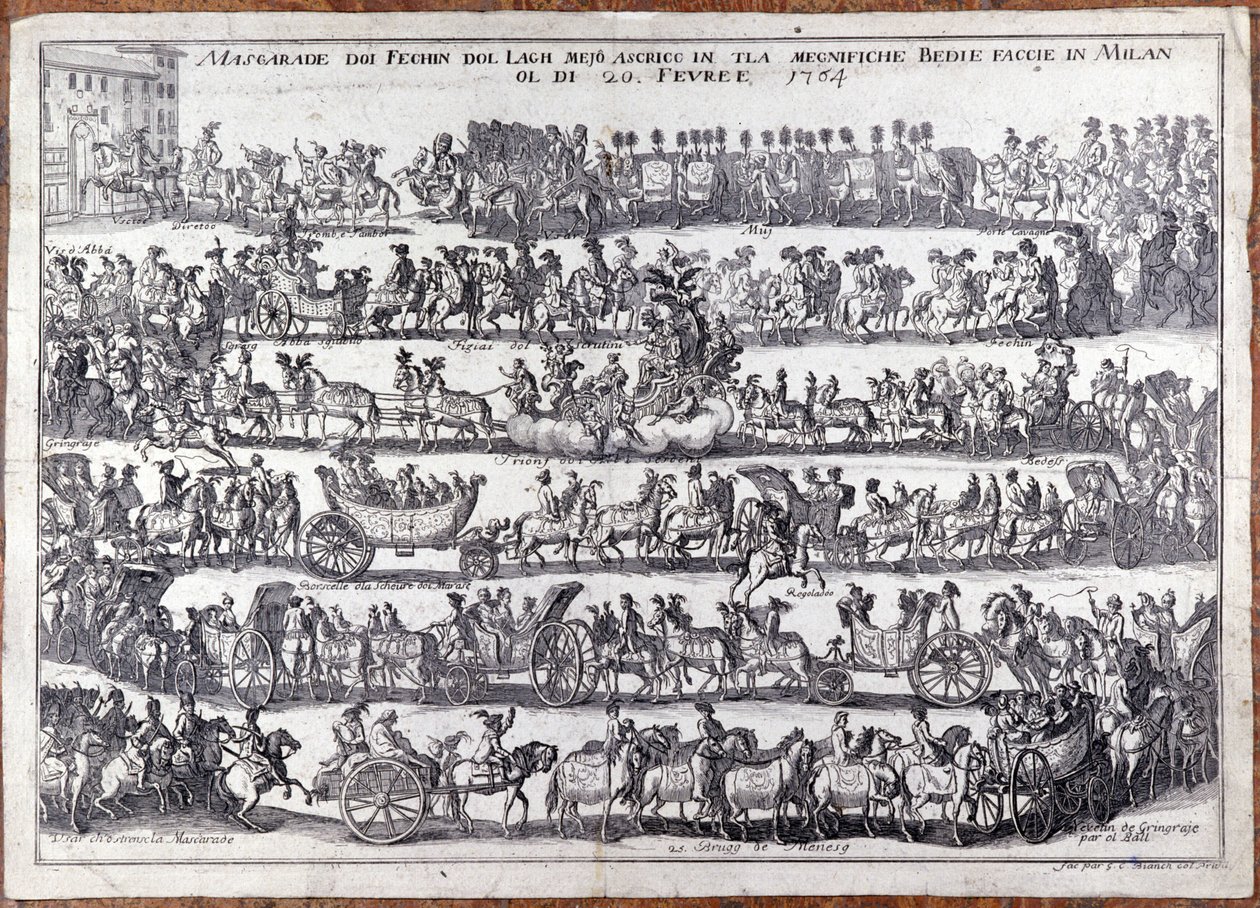 Maskerade: processie en dans van mensenmaskers ter gelegenheid van carnaval. Milaan 20/02/1764. Gravure uit de 18e eeuw door Italian School