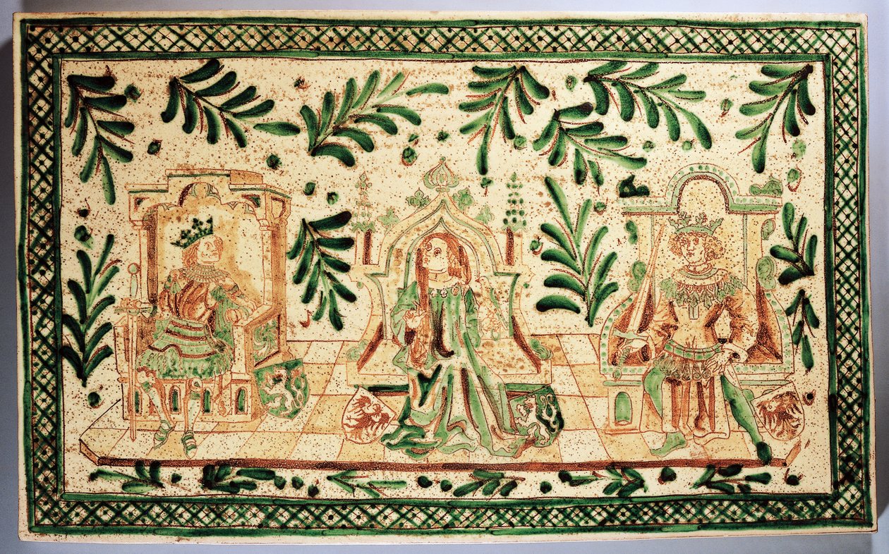 Middeleeuwse decoratieve plaquette met voorstelling van Constance van Hauteville, Roger van Sicilië en Frederik II van Hohenstaufen, Alessi manufacture, Caltagirone, Sicilië, Italië (keramiek) door Italian School