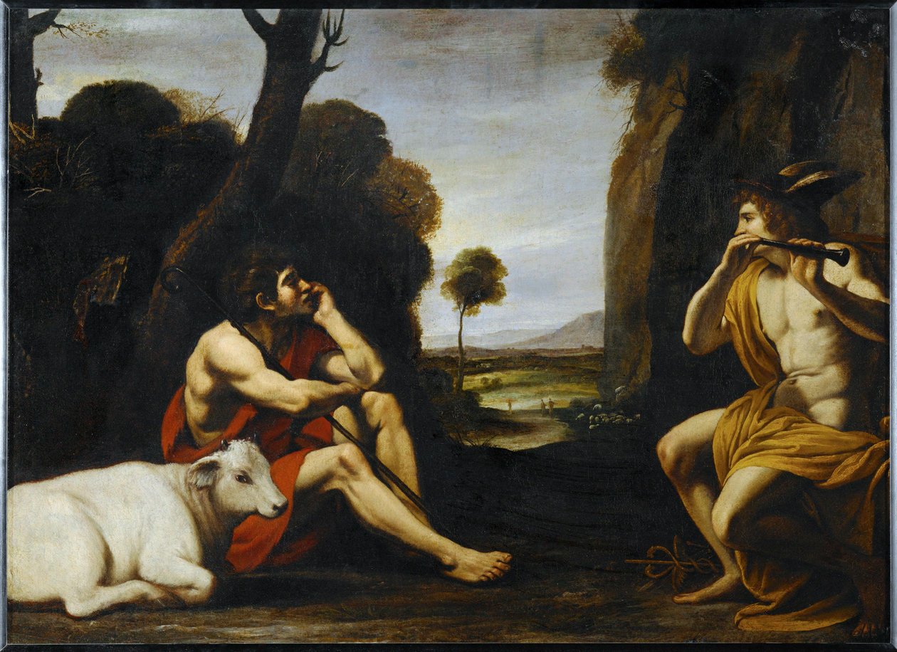 Mercurius brengt Argus in slaap door de muziek van zijn fluit ... door Italian School