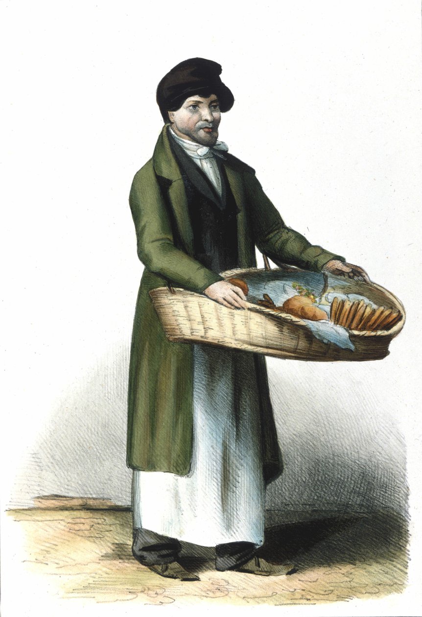 Milanese beroep: een verkoper van koekjes en taarten. Gravure uit 1830 Locarno. door Italian School