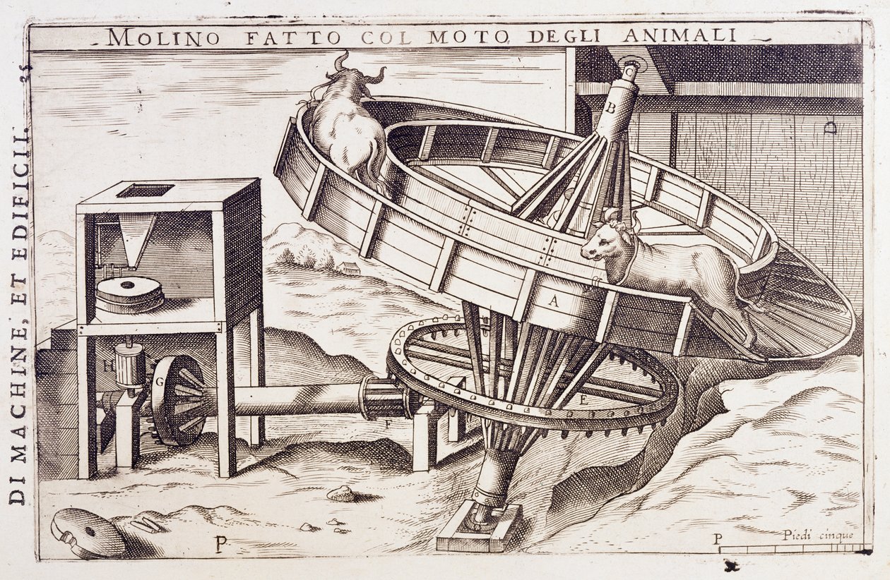 Molen aangedreven door dieren, gravure Italië door Italian School
