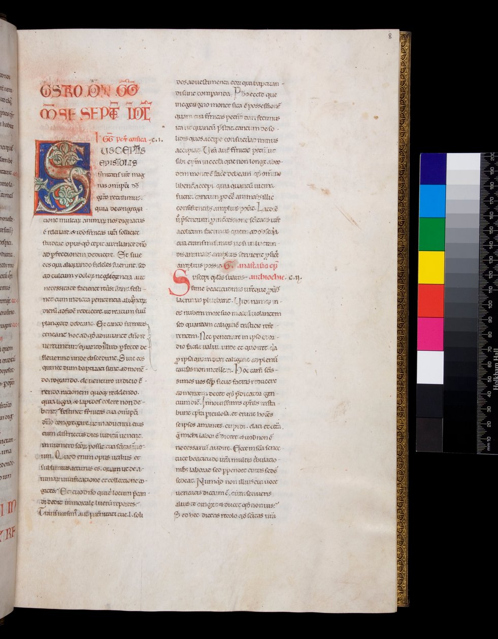 Ms 143. Gregorius de Grote, Registrum Epistolarum, f.8r. Gedecoreerde initiaal [S] met witte wijnstokblad invulling en finials door Italian School