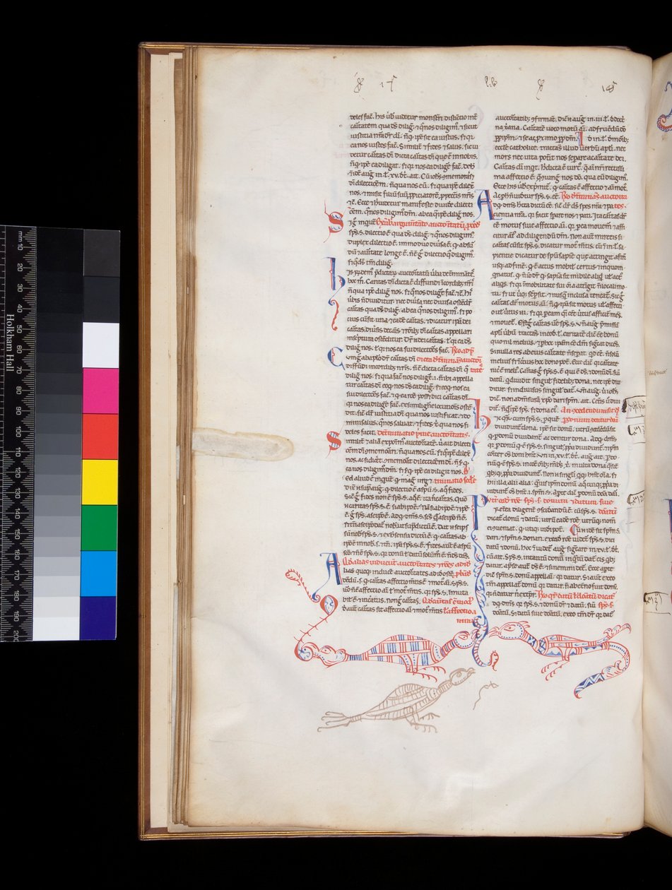Petrus Lombardus, Sententiae, bas-de-page penwerkdecoratie ontwikkeld tot vogel/dragon hybriden door Italian School