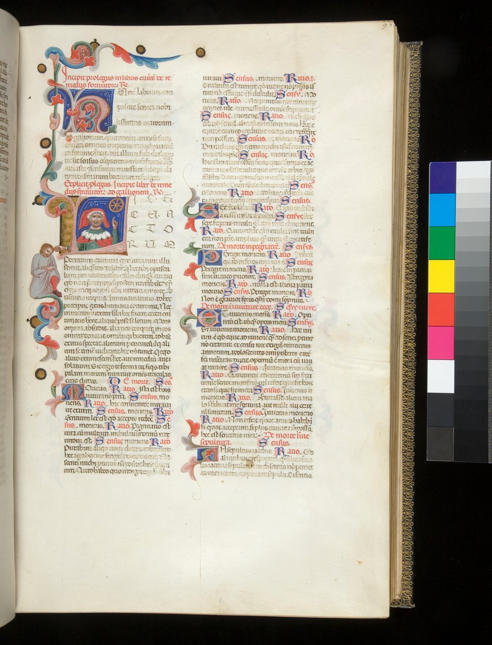 Ms 390. Seneca de Jongere, Opera, en Seneca de Oudere, Excerpta controversiarum, f.95r. Bewoonde initiaal [L], met portret van Seneca wijzend naar het Rad van Fortuin en naar een neergeslagen mannelijke figuur in de rand door Italian School