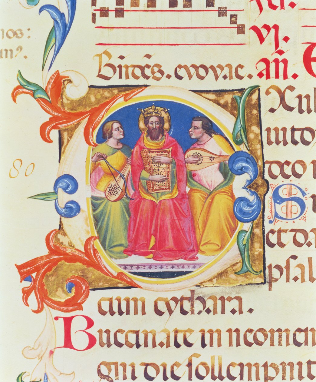 Ms. 559 f.155v Geïllustreerde initiaal O met koning David en twee engelen, uit het Psalter van Santa Maria Novella, verlucht door Paolo Soldini (fl.1342-86) 1379 door Italian School