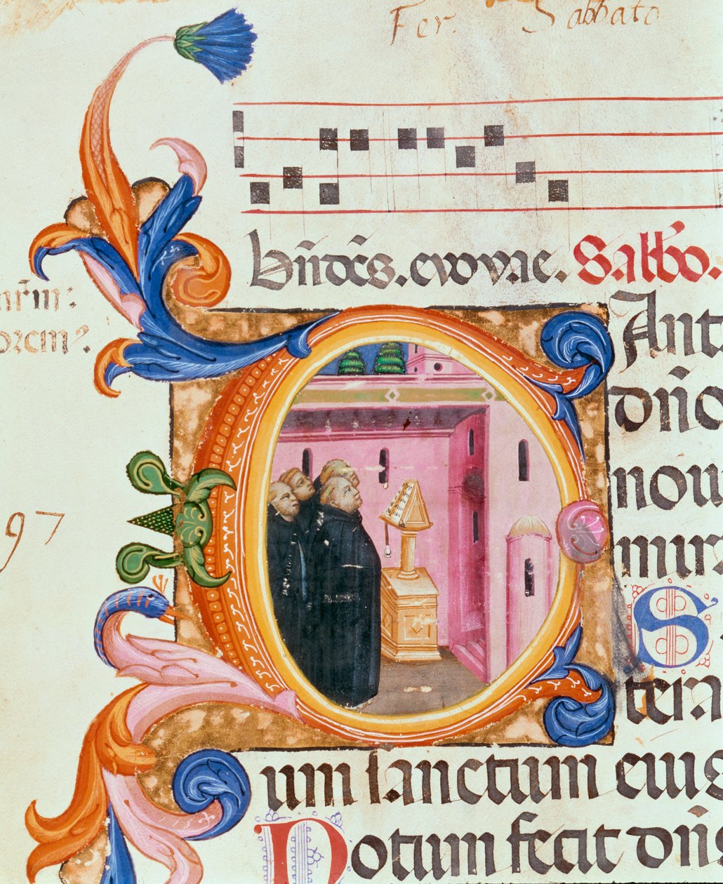 Ms 559 f.176f Geïllustreerde initiaal C met monniken die naar een tekst kijken, uit het Psalter van Santa Maria Novella, verlucht door Paolo Soldini (fl.1342-86) 1379 door Italian School
