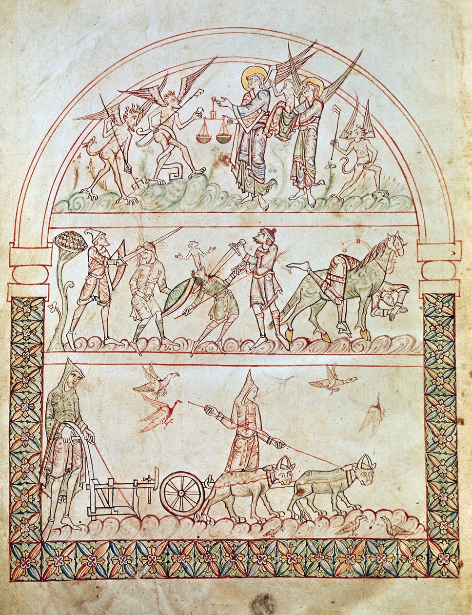 Ms. Plut. 12.17, c. 1b, De aardse stad met de ontberingen en tegenslagen van de mensheid en het oordeel van een ziel, uit De Stad van God door St. Augustinus, 11e-12e eeuw door Italian School