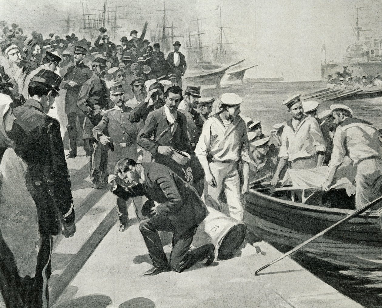 Muiterij van het Russische slagschip Potemkin aan land in de haven van Constanta in Roemenië, Illustratie uit L
