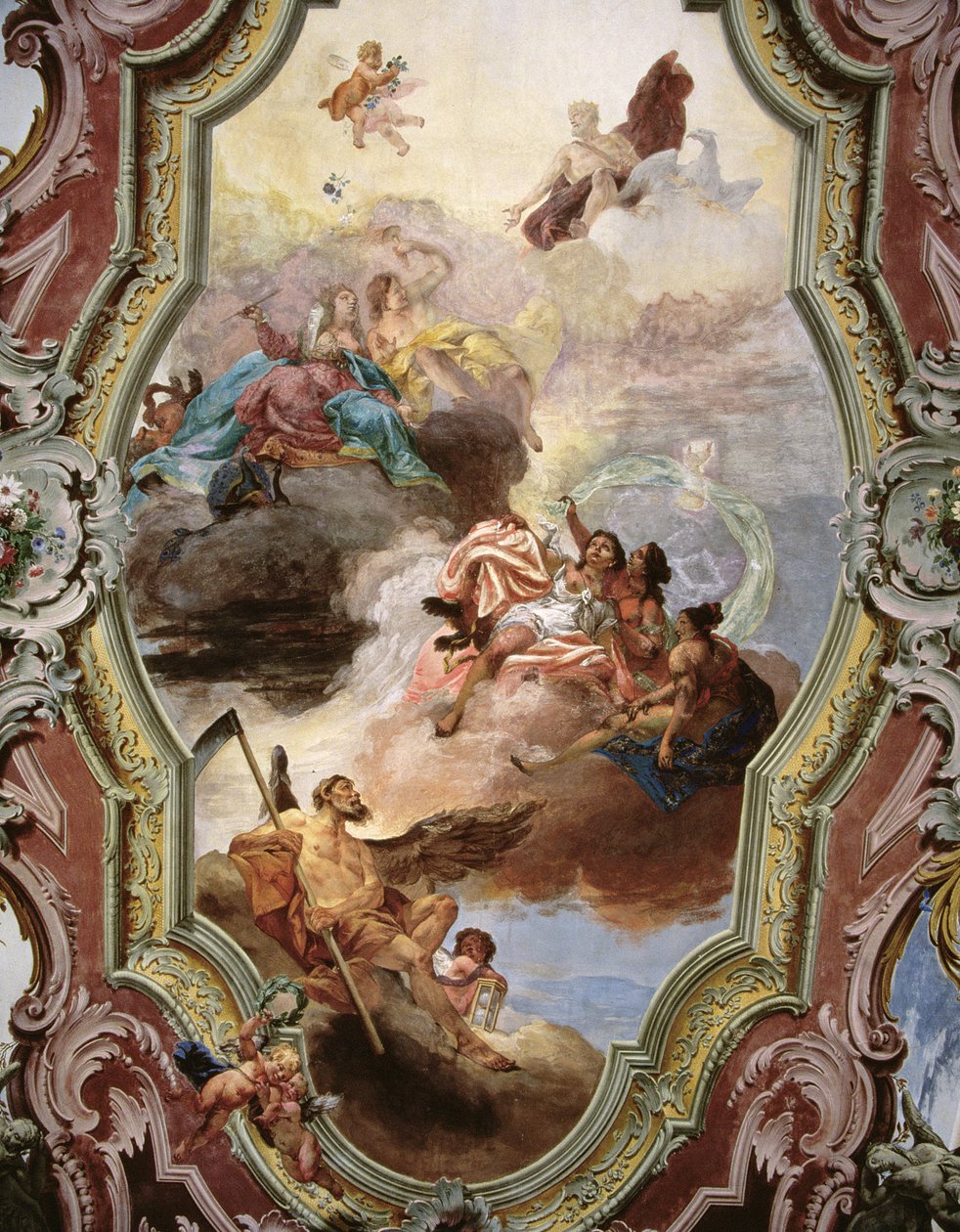 Mythologische scène met Jupiter, Juno, de Muzen en Vader Tijd door Italian School