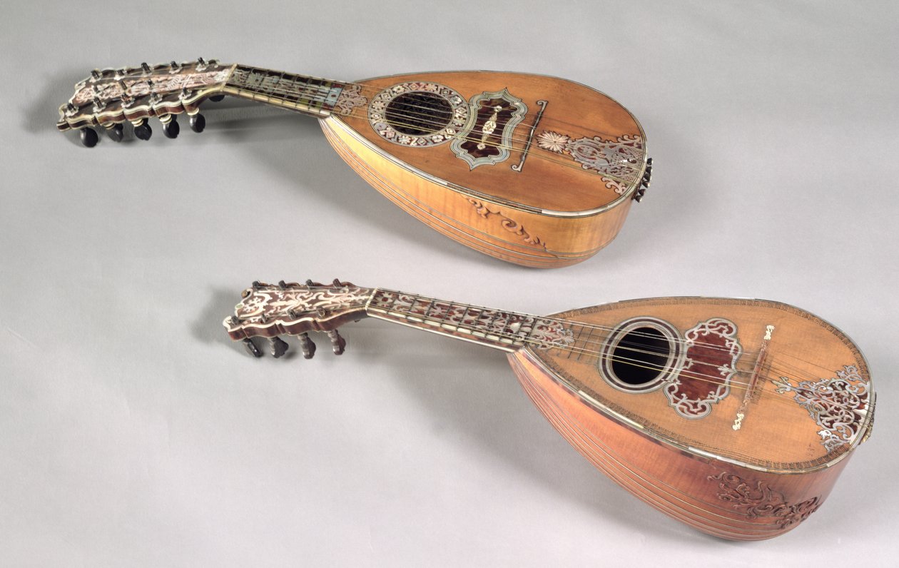 Napolitaanse viersnarige mandoline en een Milanese zessnarige mandoline (hout) door Italian School