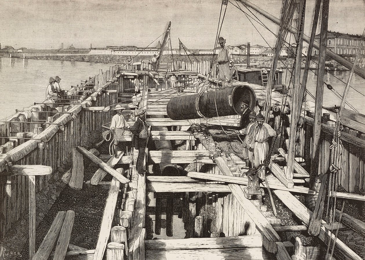 Nieuw aquaduct in Venetië, aanleg van het kanaal in de lagune, Italië, gravure naar tekening van Riera, uit L