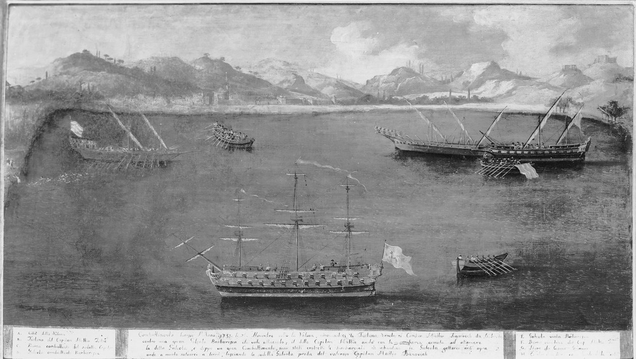 Een van de maritieme exploits van de beroemde zeeman, Mattio Ivanovich da Dobrota, ca. 1730 door Italian School