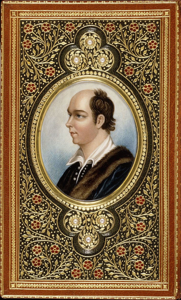 Ovale miniatuurportret van Oliver Goldsmith, omlijst met vergulde klaverbladen bezet met drie parels, 1831 door Italian School