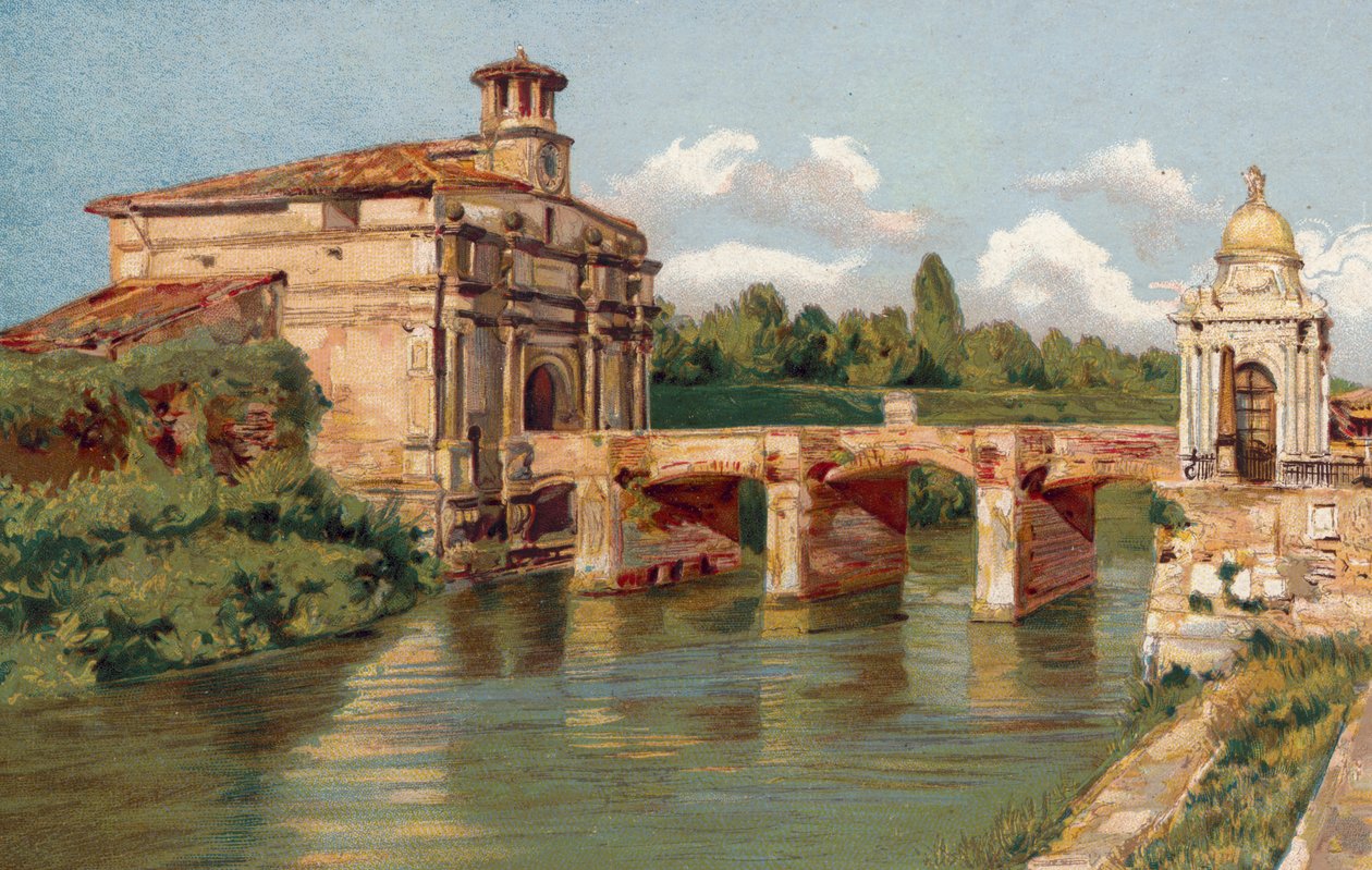 Padova / Padua: Porta Venezia en brug over de Bacchiglione (chromolitho) door Italian School