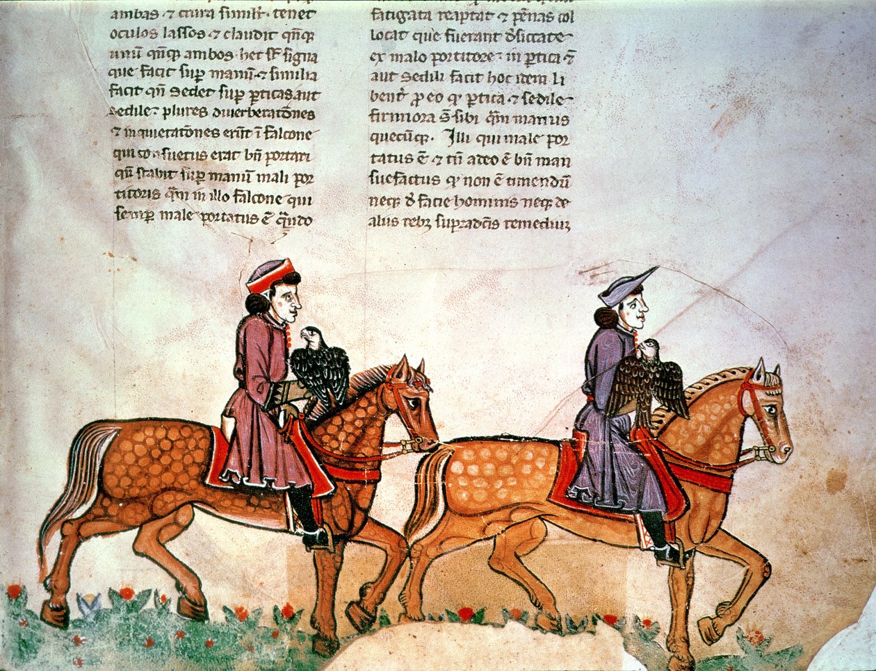 Frederik II: Twee ruiters met valken, uit De Arte Venandi cum Avibus door Italian School