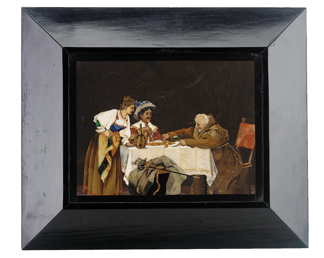 Paneel met een ridder en een monnik aan een eettafel met een dame aanwezig, Menegatti, Florence, eind 19e eeuw door Italian School