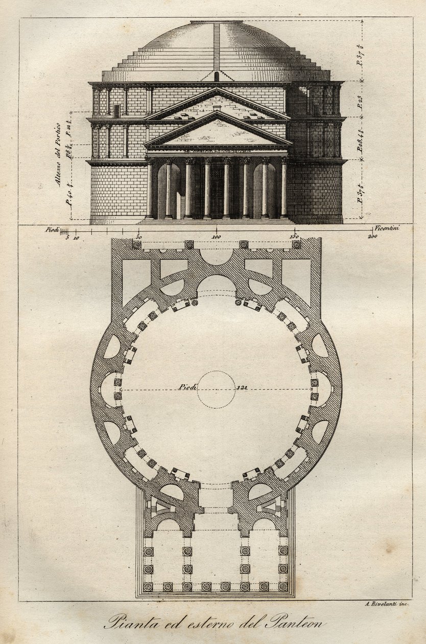 Pantheon van Rome, voltooid rond 125 n.Chr. onder het bewind van Hadrianus - gravure uit 