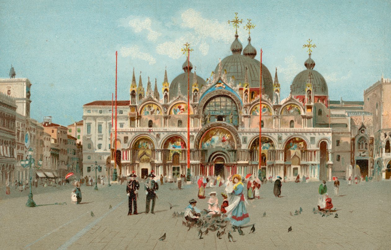 San Marcoplein en San Marcobasiliek, Venetië, Italië (chromolitho) door Italian School