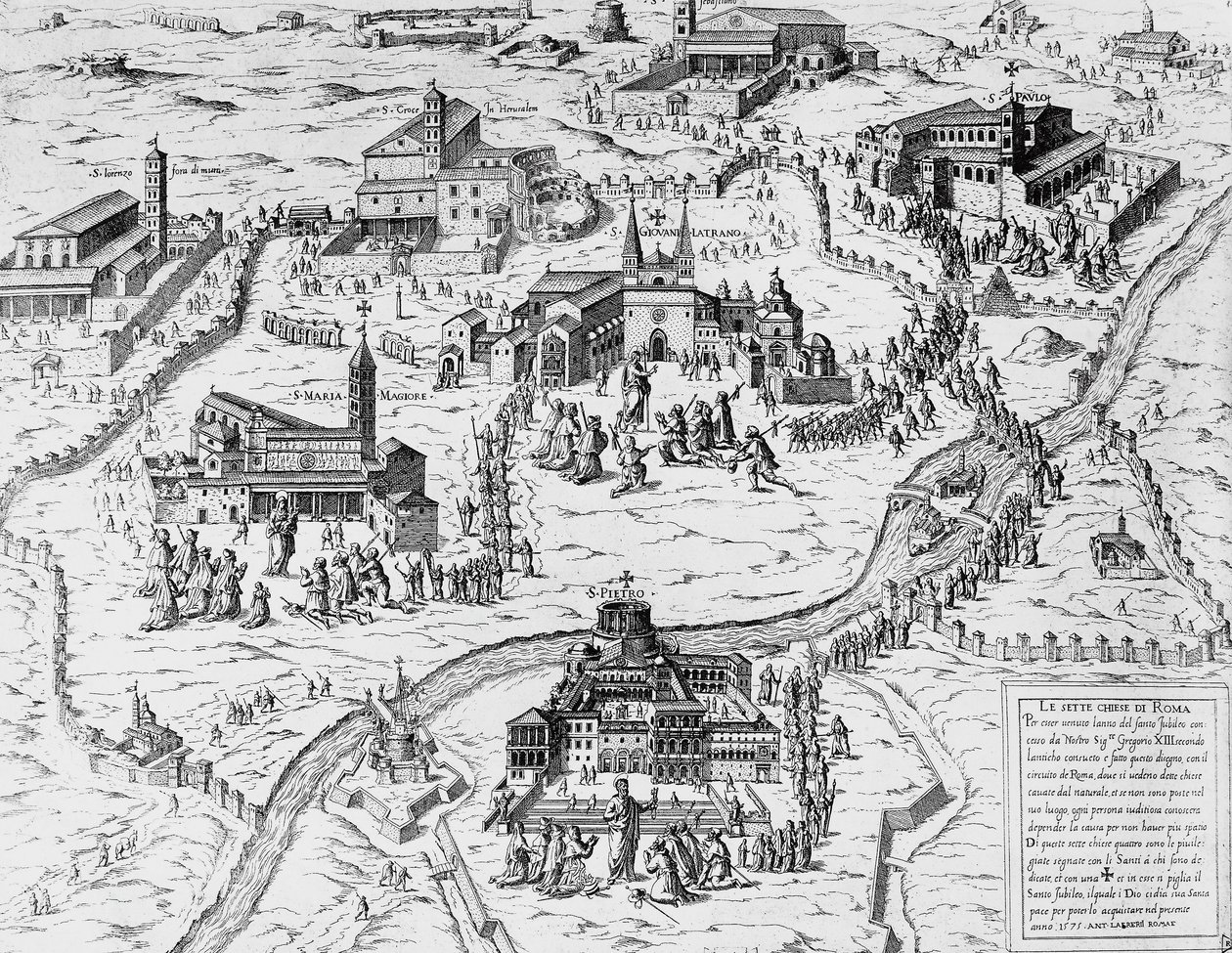 Pelgrims die de Zeven Kerken van Rome bezoeken tijdens Heilig Jaar van 1575 door Italian School