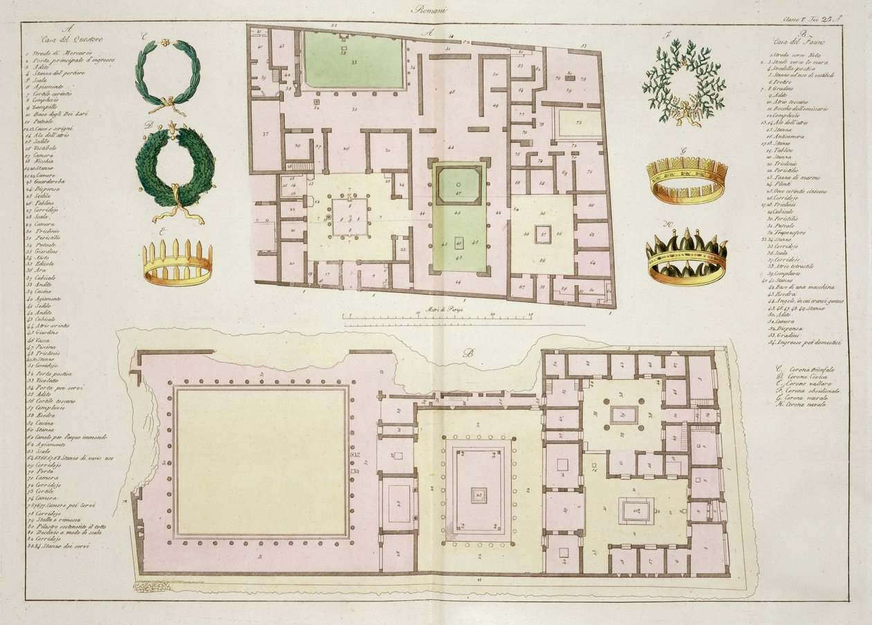 Plattegronden van het Huis van de Questor en het Huis van de Faun, Pompeii, plaat 25A, klasse 5 uit Deel I van De Geschiedenis van de Naties door Italian School