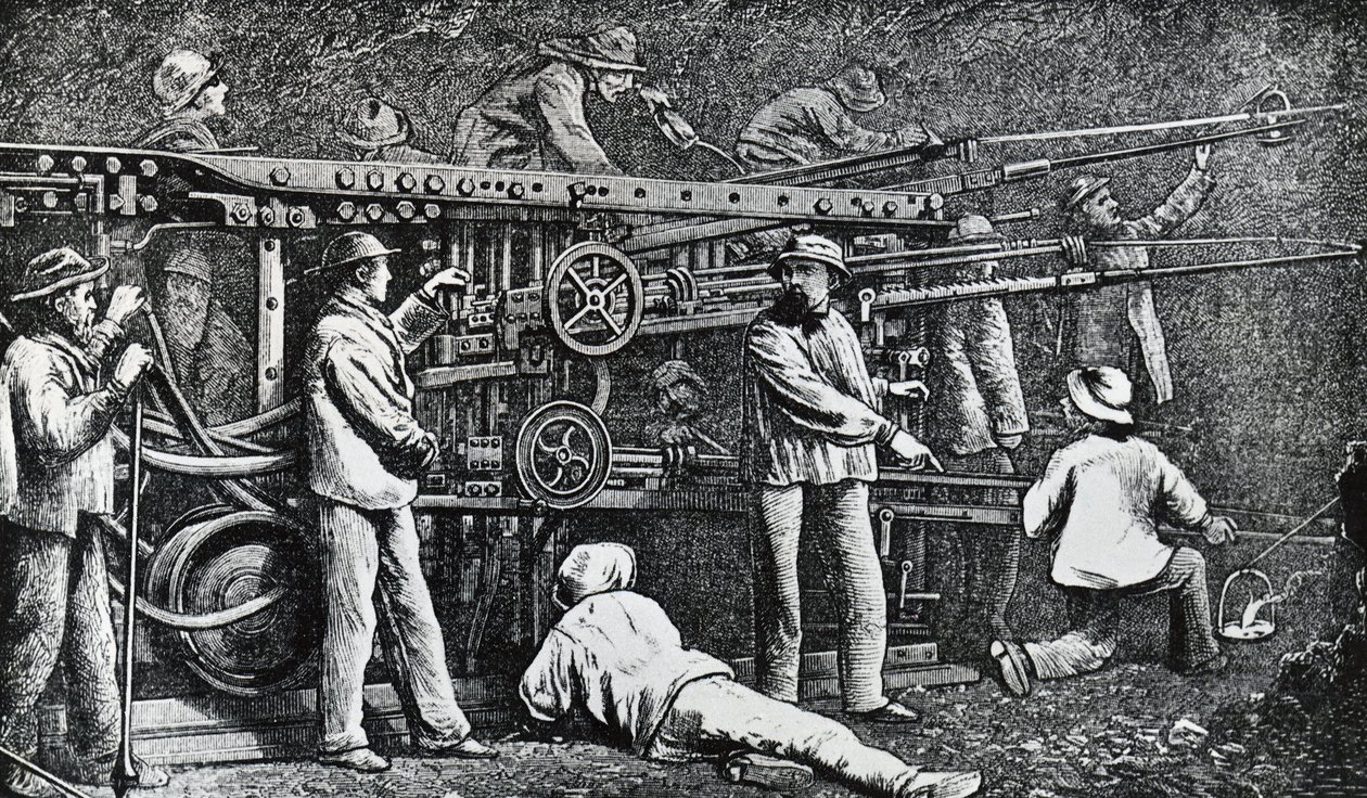 Pneumatische rotsboormachine gemaakt door Giovanni Battista Piatti en geperfectioneerd door Germano Sommeiller (1815-1871), gravure Italië door Italian School