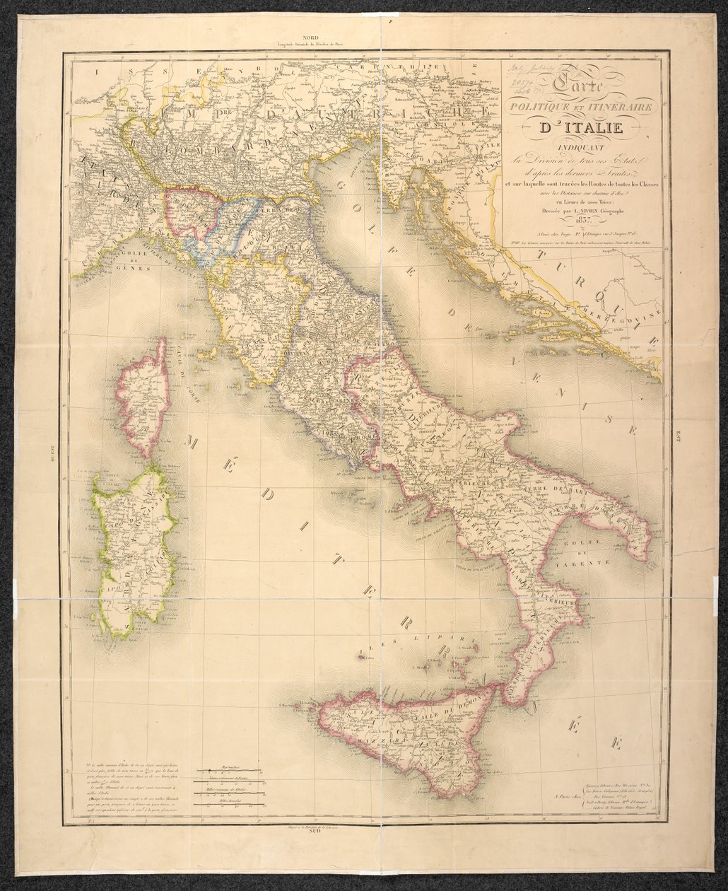 Politieke kaart die de verdelingen van de staten van Italië aangeeft door Italian School