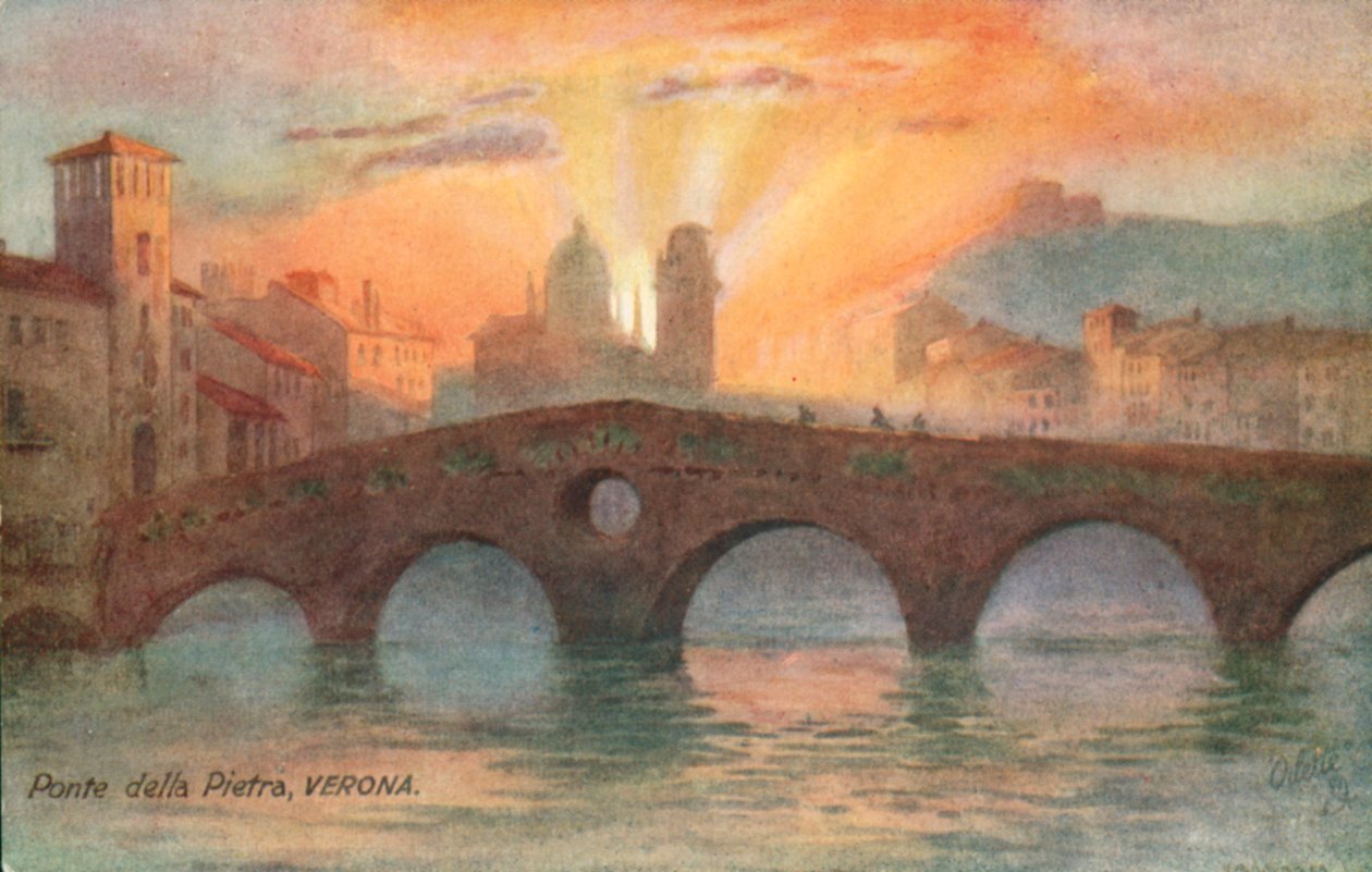 Ponte Pietra, oudste Romeinse brug, Verona, Italië (kleurenlitho) door Italian School