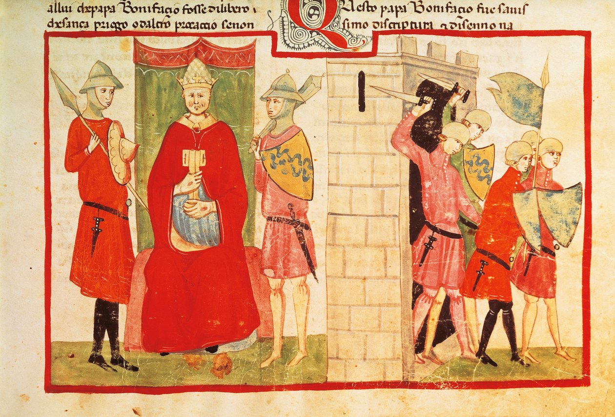 Paus Bonifatius VIII in Anagni en de verdrijving van Sciarra Colonna (Giacomo Colonna) uit de stad, miniatuur uit de Kroniek van Giovanni Villani, manuscript Chigi L VIII 296 folio 176 recto, Italië 14e eeuw door Italian School