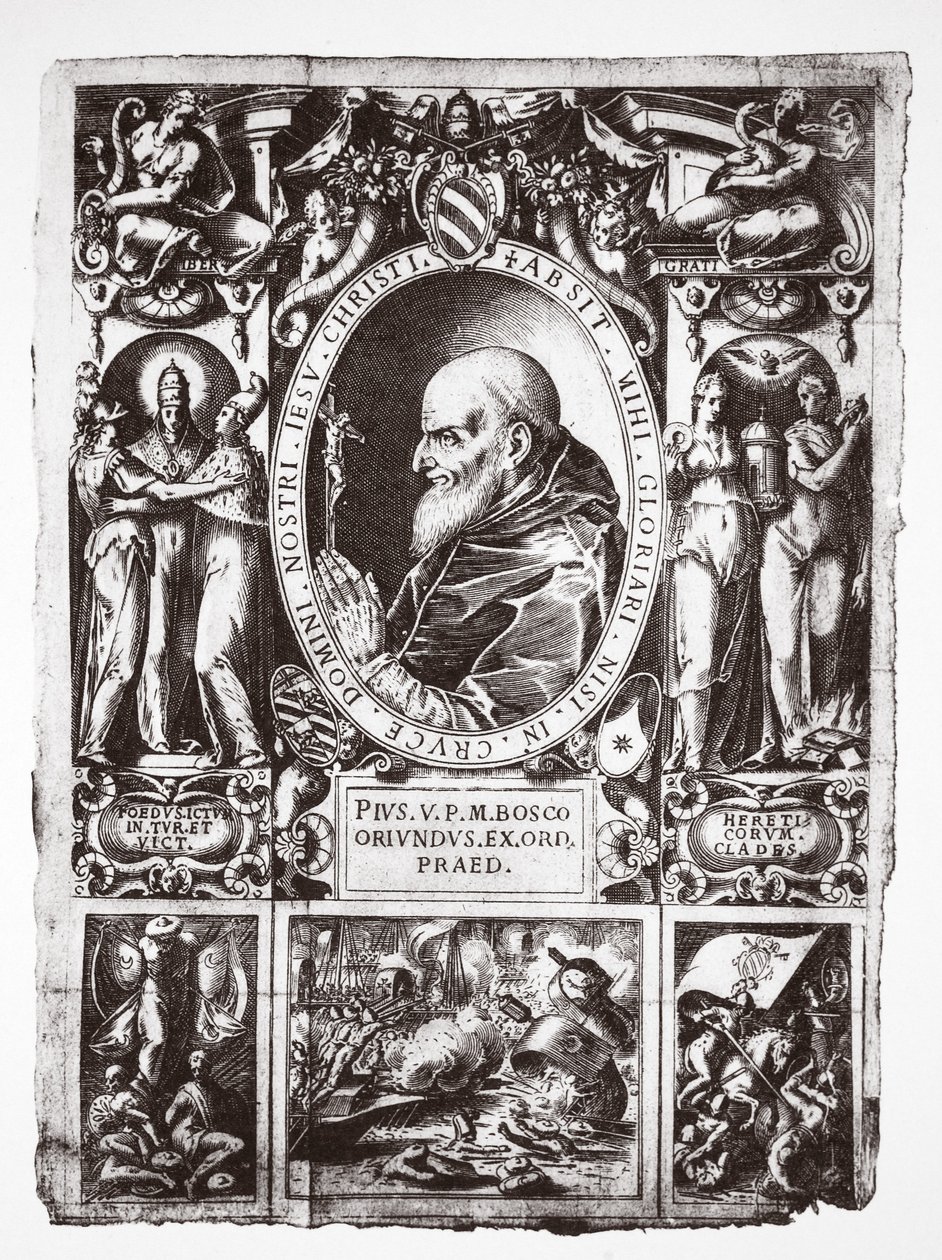 Paus Pius V, met vignetten van de Slag bij Lepanto, uit Vita del Gloriosissimo Papa Pio Quinto, pub. 1586 door Italian School