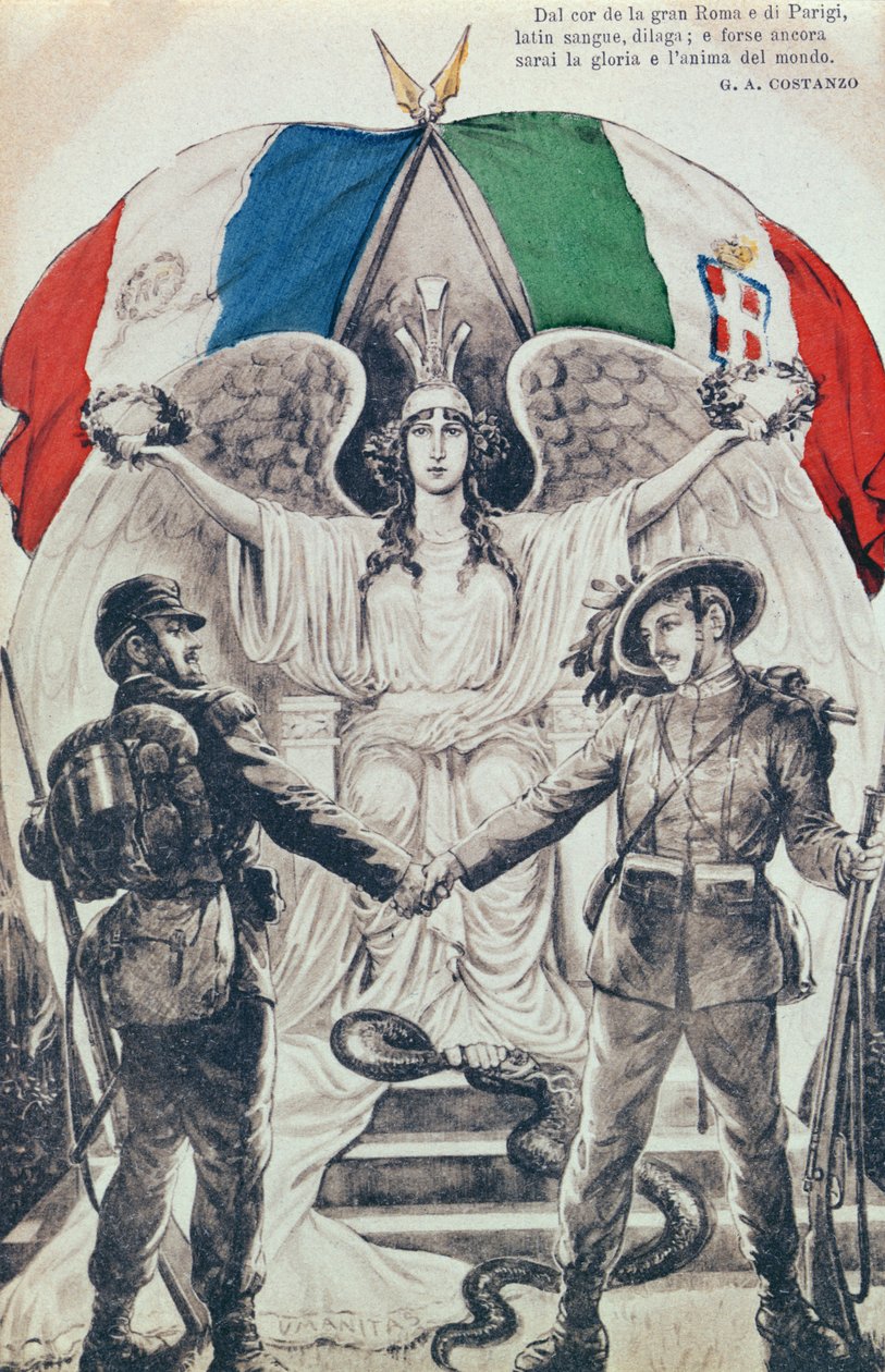 Ansichtkaart ter ere van de alliantie van Frankrijk en Italië tijdens de Eerste Wereldoorlog door Italian School