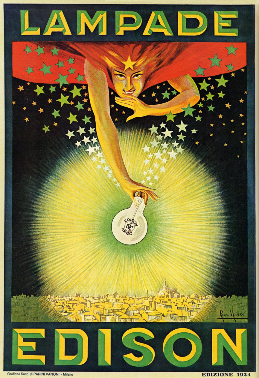 Poster met reclame voor Edison gloeilampen, Milaan, Italië door Italian School