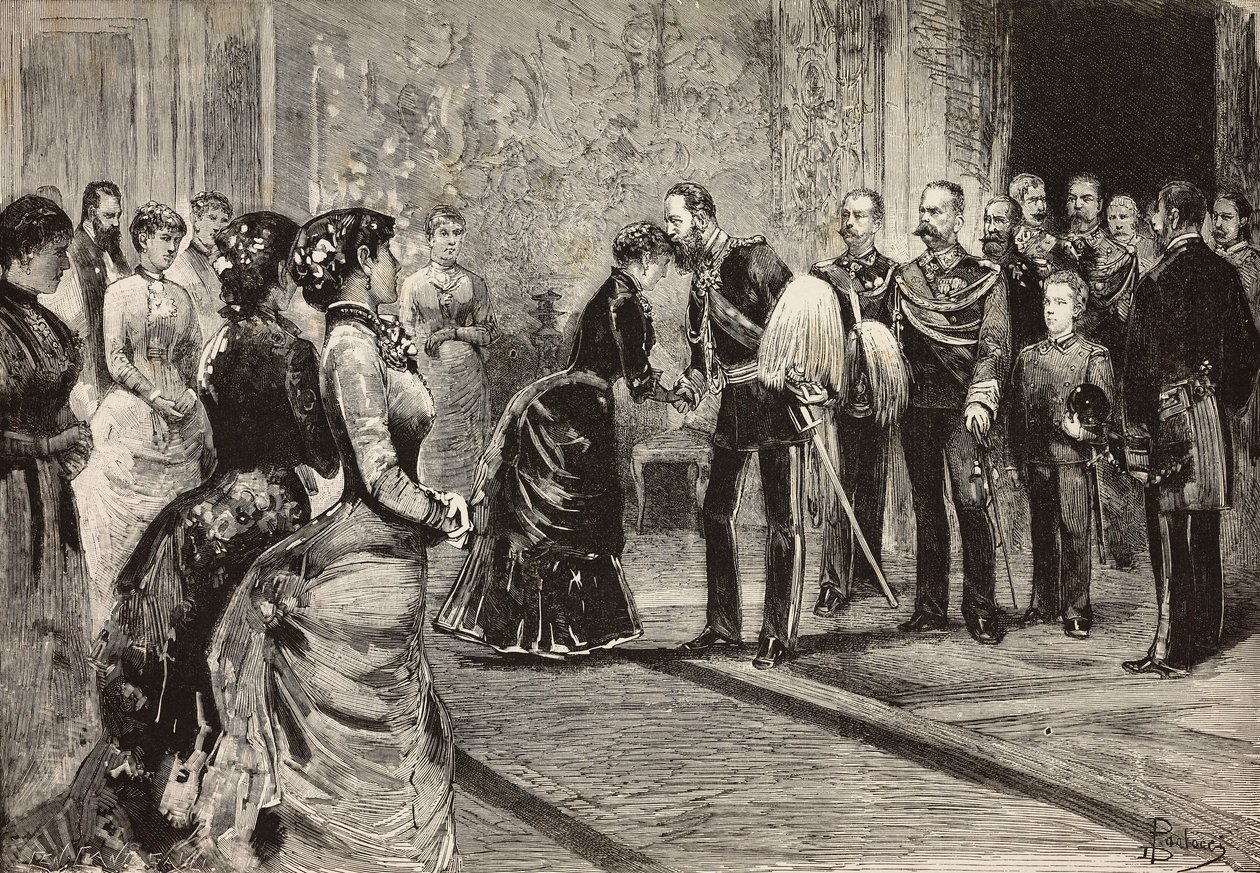 Koningin Margherita en Umberto I ontvangen kroonprins van Duitsland (toekomstige Frederik III) in Quirinale, Rome, Italië, gravure naar tekening van Dante Paolocci, uit L