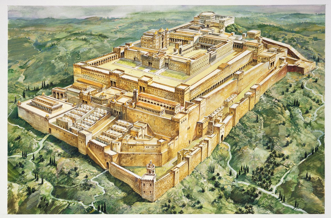 Reconstructie van het paleis van Salomo en de eerste tempel (kleurenlitho) door Italian School