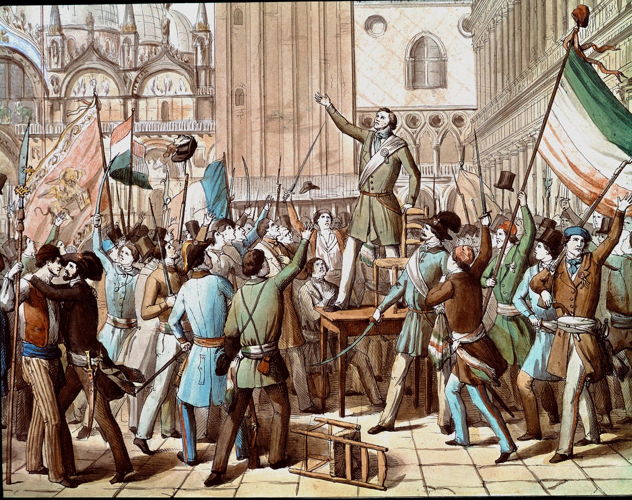 Voorstelling van Daniele Manin (1808-1857), politicus die de Venetiaanse revolutie tegen de Oostenrijkse aanwezigheid in 1848 leidde: de proclamatie van de Venetiaanse Republiek in maart 1848 door Italian School
