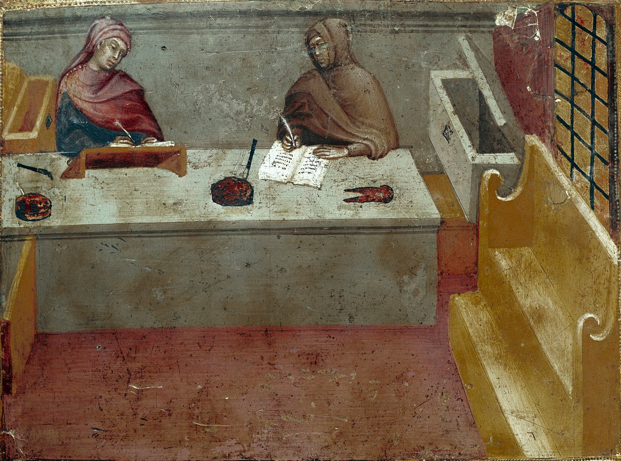 Voorstelling van een camerlinguist, assistent van een kopiist. Anoniem schilderij op hout van een Biccherna (omslag van het boekhoudregister van de stad Siena) 1388. Siena Archivio di Stato, Italië door Italian School