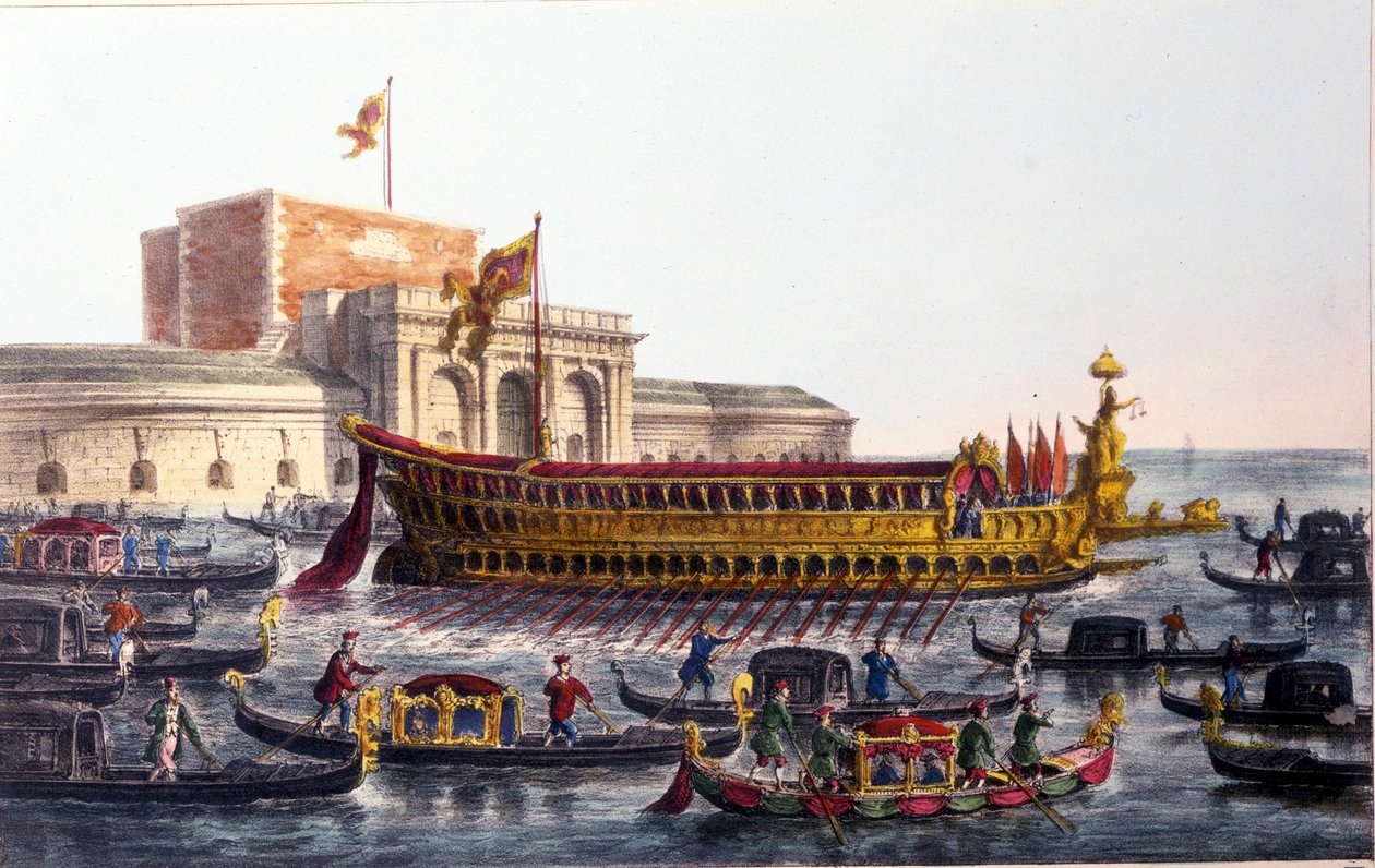 Voorstelling van de Bucentaur. (Bucentoro) Op Hemelvaartsdag stak de Doge de lagune van Venetië over om de monding van de open zee te bereiken aan boord van een schip genaamd de Bucentaur door Italian School