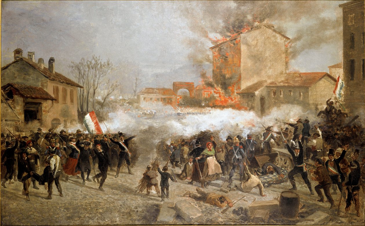 Revoluties van 1848, Vijf Dagen van Milaan: opstandelingen nemen porta Tosa over op 22 maart (schilderij) door Italian School